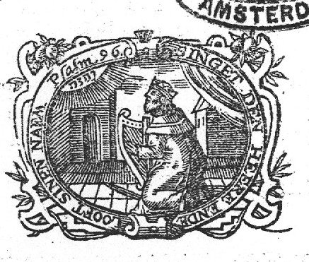 David as psalmist, playing the harp, wearing a crown, sceptre on the floor; buildings in the backgrounds; Jahweh-tetragram; decorated frame