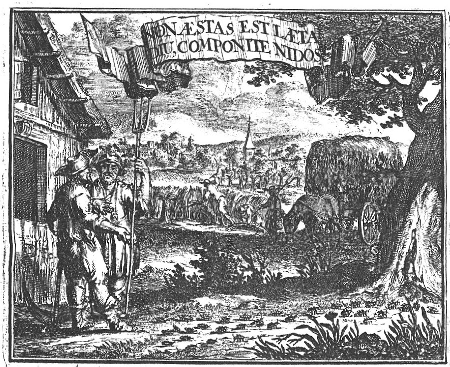 Summer (Dutch: 'zomer') landscape with conversation between two farmers; one of them pointing at ants marching towards a tree; landscape with harvesting men and a village with a church