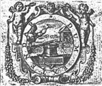 A hand hammering a piece of metal which is held over an anvil with pliers by another hand; a landscape with a smithy; frame decorated with putti and cherub; a hammer on the ground