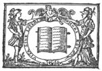 Mercury (caduceus, petasus) and Minerva (lance and helmet) rest their hand on a cartouche with an open book; Apollo(?) playing harp seated on top of the cartouche's frame