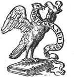 An eagle(?) standing on a book, a banderole with inscription in its beak