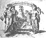 A woman with a palette and a band tied over her mouth (Painting) and a woman with an oil-lamp and peacock feathers on her dress (Rumour?) hold the ends of an inscribed banderole; in the background Pegasus strikes Mount Helicon with his hoof