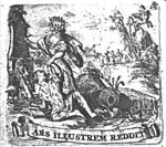 A woman wearing a crown (personifying Art?); in the background Apollo sitting on mount Helicon which is struck by Pegasus; the Muses; banderole with inscription