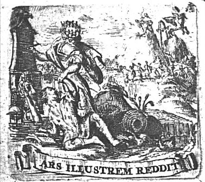 A woman wearing a crown (personifying Art?); in the background Apollo sitting on mount Helicon which is struck by Pegasus; the Muses; banderole with inscription