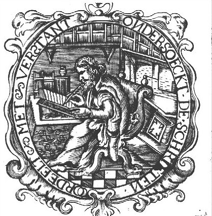 A man in his study, probably Flavius Josephus writing in a book; decorated frame