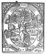 Daphne changed into a laurel-tree; hilly landscape; frame decorated with phantasy 'hieroglyphica', Jahweh-tetragram, and laurel-branches