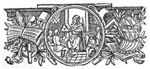 A teacher seated at a lectern, turning the pages of a book; pupils seated around him; circular frame against an architectural background, with attributes of scholarship and music