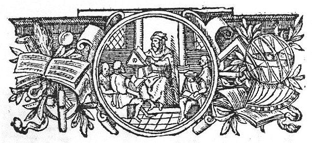 A teacher seated at a lectern, turning the pages of a book; pupils seated around him; circular frame against an architectural background, with attributes of scholarship and music