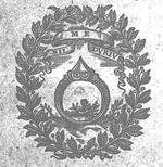 Diamond ring (~hardness), encircled by olive-branches; flowers; banderole with inscription