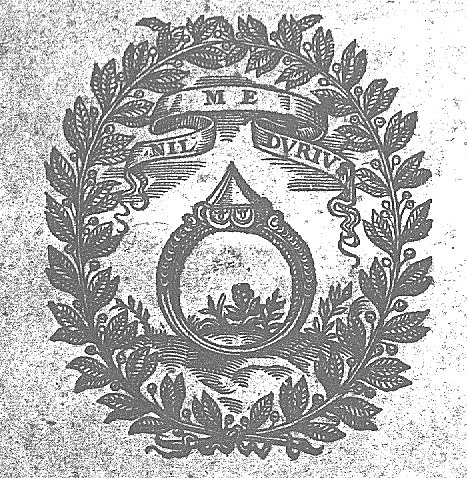 Diamond ring (~hardness), encircled by olive-branches; flowers; banderole with inscription