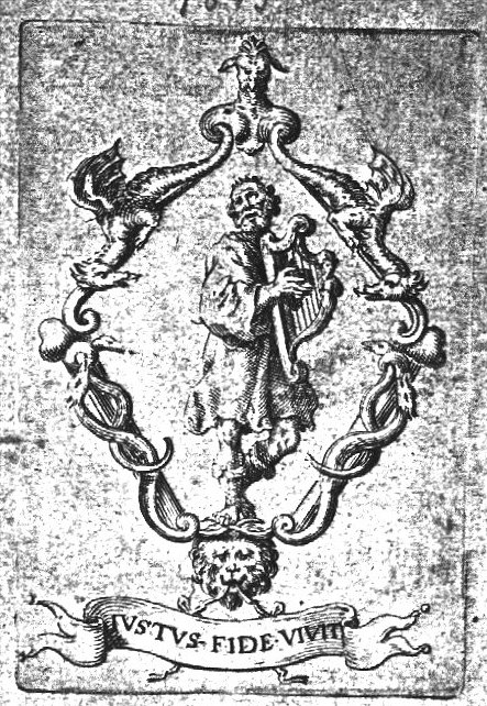 David as psalmist, playing harp in a decorated frame of dragons and snakes, ram's head and lion's head; banderole with inscription