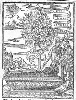 Two men in conversation, next to a sarcophagus upon which a skeleton rests; a tree grows from the skeleton; banderole with inscription around the tree; seascape with rocky coast in the background; the sun as a face above it; initials "I.D."