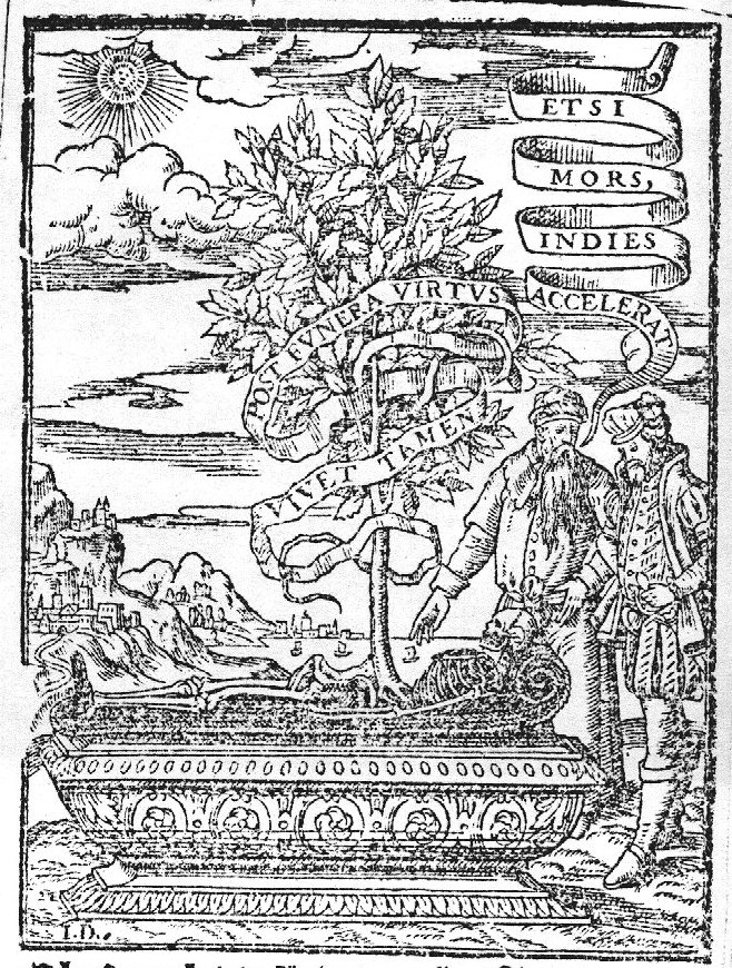 Two men in conversation, next to a sarcophagus upon which a skeleton rests; a tree grows from the skeleton; banderole with inscription around the tree; seascape with rocky coast in the background; the sun as a face above it; initials "I.D."