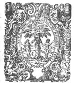 Eve simultaneously offers some of the fruit to Adam and takes some more from the serpent (or the tree); Adam also holds a fruit; decorated frame with Eve suckling, Adam holding some agricultural instrument(?), festoons and winged horses