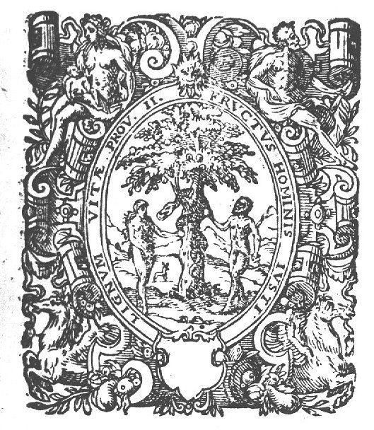 Eve simultaneously offers some of the fruit to Adam and takes some more from the serpent (or the tree); Adam also holds a fruit; decorated frame with Eve suckling, Adam holding some agricultural instrument(?), festoons and winged horses