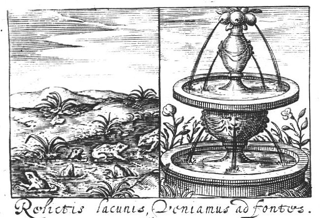 Picture split in two: frogs in a pond on the left, a fountain with some flowers on the right