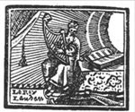 David as psalmist, playing a harp; sun behind him, an open book on a covered to his left, a curtain to his right