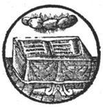 An open book on a covered table; clouds hovering above it