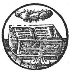 An open book on a covered table; clouds hovering above it