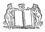 A naked man and woman leaning against an open book; coat of arms