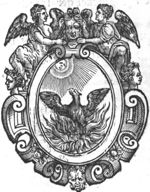 Phoenix in a fire, looking at the sun; frame decorated with two winged women holding a head