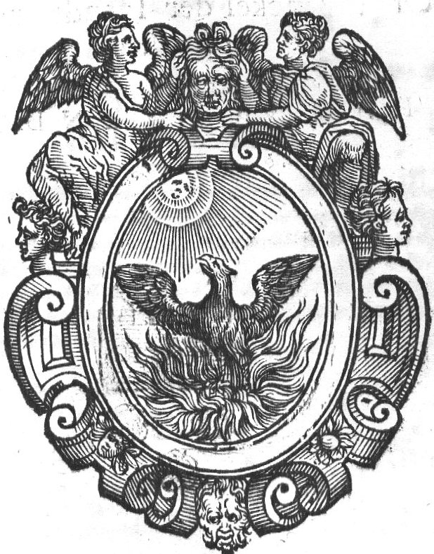 Phoenix in a fire, looking at the sun; frame decorated with two winged women holding a head