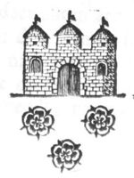 A castle and three ornamental flowers