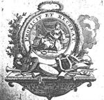 A woman sitting with her head resting on her hand, holding a piece of paper in her lap; an ink-well behind her, an open book and laurel wreath on the floor; cartouche in frame decorated with various literary and theatrical(?) attributes below, and a wreath on top