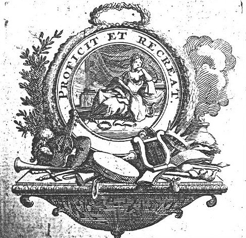 A woman sitting with her head resting on her hand, holding a piece of paper in her lap; an ink-well behind her, an open book and laurel wreath on the floor; cartouche in frame decorated with various literary and theatrical(?) attributes below, and a wreath on top