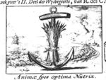 Anchor with a sheaf of corn tied around it on the beach; a smoking beacon on a dune-top