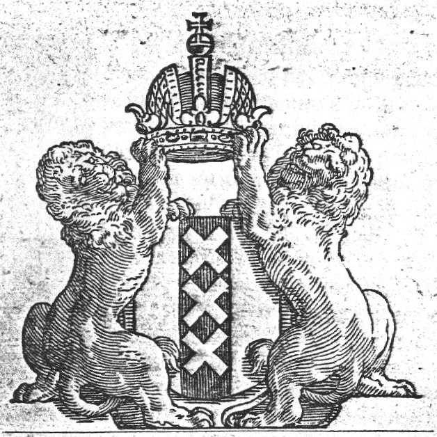 Heraldic lions holding a coat of arms of Amsterdam with a crown