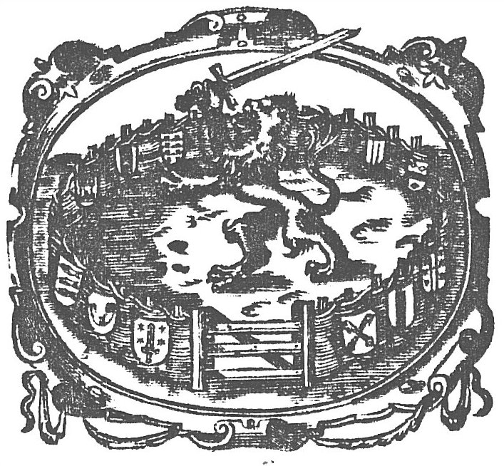 Lion of the United Provinces in an enclosed garden with the coats of arms of Haarlem, Hoorn, Enkhuizen, Alkmaar, Amsterdam, Gorinchem, Dordrecht, Woerden, Gouda, Delft, and Leiden; decorated frame