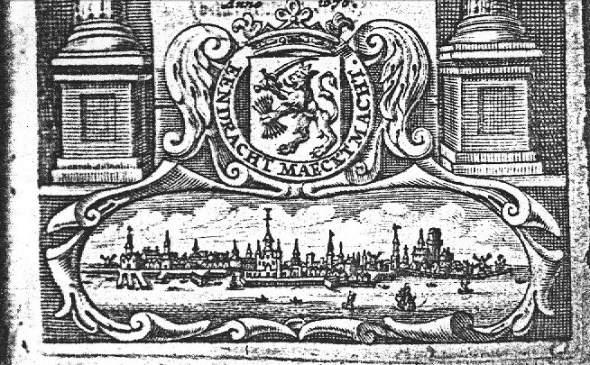 City-view of Dordrecht across the river; coat of arms of the United Provinces; ornamented frame