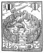 Lion of the United Provinces with sword and arrows, in an enclosed garden; coats of arms of Delft, Amsterdam, Leiden and Haarlem; hanging on the fence of the garden: coats of arms of Friesland, Gelderland, Groningen, Holland, Overijssel, Utrecht, Zeeland, Zutphen