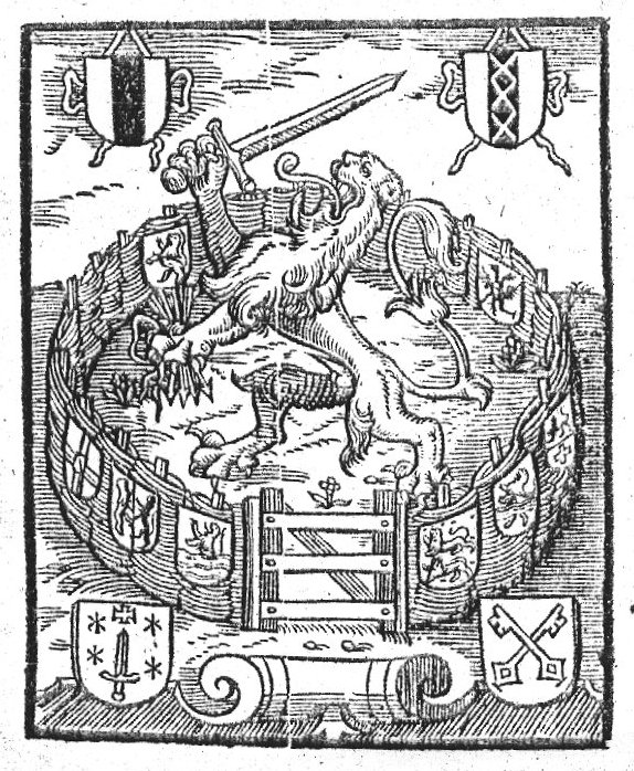 Lion of the United Provinces with sword and arrows, in an enclosed garden; coats of arms of Delft, Amsterdam, Leiden and Haarlem; hanging on the fence of the garden: coats of arms of Friesland, Gelderland, Groningen, Holland, Overijssel, Utrecht, Zeeland, Zutphen