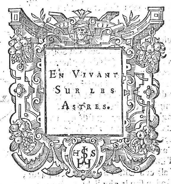 Frame decorated with festoons and mascaron around a blank space with text; initials "H.S." and 'Hausmarke'/monogram "H.S."