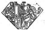 Woman playing organ, man pushing the bellows; banderole with inscription