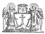 Two angels, dressed in chasubles, with one hand holding an open book over a shield with the three empty crosses of Calvary, and a rosary with the other