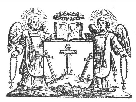 Two angels, dressed in chasubles, with one hand holding an open book over a shield with the three empty crosses of Calvary, and a rosary with the other
