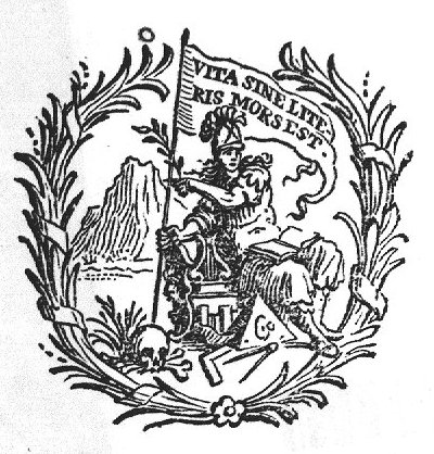 Minerva (helmet, Aegis, olive-branch), holding a banner with inscription, an open book in her lap, a lyre to her side; on the ground a skull with bones, a scroll, a pyramid, a square and compasses; mountainous landscape; branches with a banderole as frame