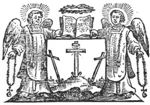 Two angels, dressed in chasubles, with one hand holding an open book over a shield with the three empty crosses of Calvary, and a rosary with the other