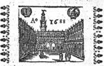 Courtyard of the Amsterdam stock exchange; coat of arms of Amsterdam and coat of arms of (...?) with a sailing-ship; small ornament as frame