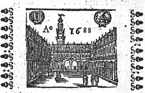 Courtyard of the Amsterdam stock exchange; coat of arms of Amsterdam and coat of arms of (...?) with a sailing-ship; small ornament as frame