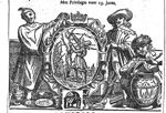 A cartouche with a man cutting a branch from a tree with a sickle; the cartouche is held by two men, and is topped by an inserted crown; at the bottom an inserted globe; a third man is picking something from a large jar with a knife; vessels and jewelry on the floor; a branch in the frame of the cartouche