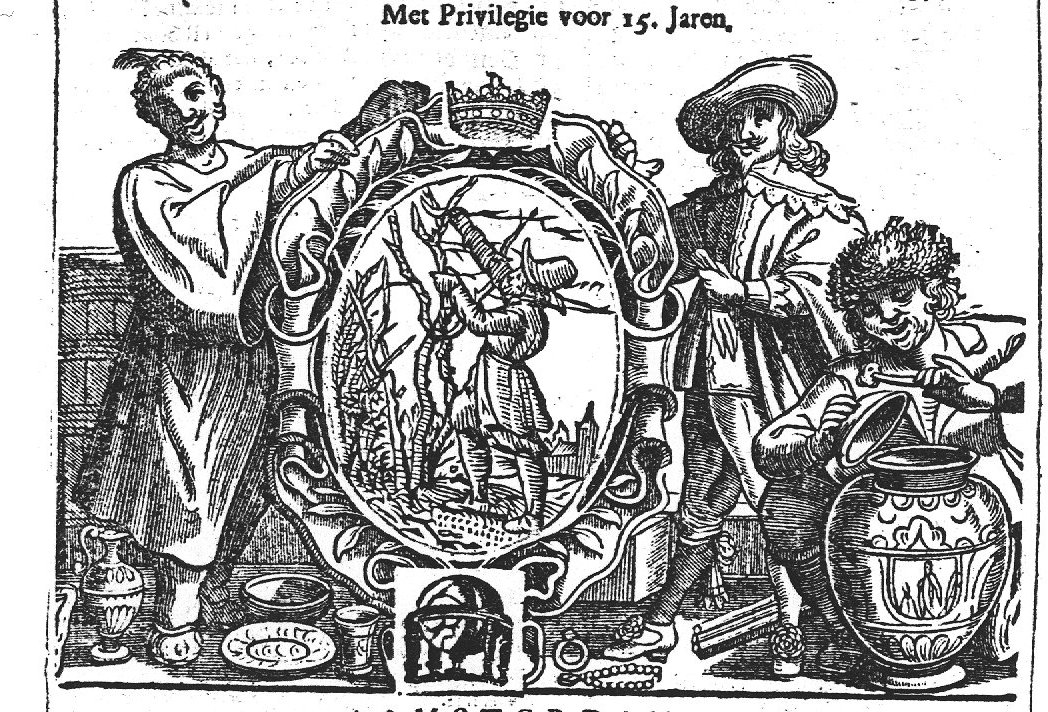 A cartouche with a man cutting a branch from a tree with a sickle; the cartouche is held by two men, and is topped by an inserted crown; at the bottom an inserted globe; a third man is picking something from a large jar with a knife; vessels and jewelry on the floor; a branch in the frame of the cartouche