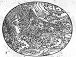 The prophet Habakkuk, carried by his hair by an angel, brings food to Daniel who sits unharmed between the lions