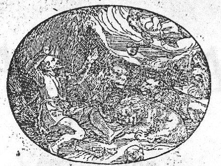 The prophet Habakkuk, carried by his hair by an angel, brings food to Daniel who sits unharmed between the lions