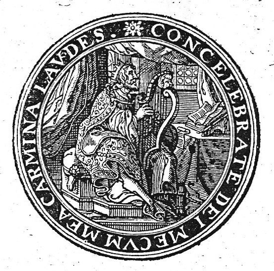 David as psalmist, playing harp; an open book on the table in front of him