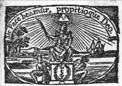 Blessings of peace: personification of Peace as a woman with Cornucopia and palm-branch, enthroned on a beach with War and Peace as nude women(?) tied to her throne; a sailing-ship at sea; wreath encircling the initials "G.S.W." on the pedestal beneath the throne; triangle with eye(?); frame consisting in part of banderole with inscription