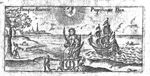 Blessings of peace: personification of Peace as a woman with Cornucopia and palm-branch, enthroned on a beach with War and Peace as nude women tied to her throne; a man spading on the beach, a sailing-ship and a rowing-boat at sea; city-view in the background; wreath encircling initials "G.S.W." on the pedestal beneath the throne
